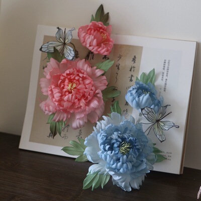 原创  暮春时 牡丹真丝烫花软杆簪花绢纱花朵仙气发饰发夹