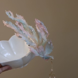 原创 凤栖梧 真丝烫花凤凰流苏发饰嫦娥偏凤头饰汉服配饰古风发饰