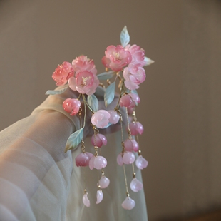 原创 棠眠 海棠花琉璃簪花发饰汉服配饰发钗重工流苏发饰仙气发夹