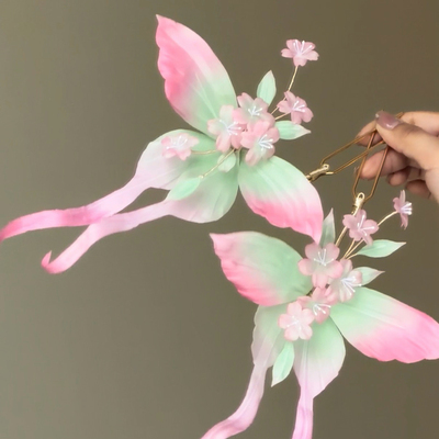 原创 不眠春 真丝烫花大蝴蝶发饰凤尾蝶软杆簪花仙气汉服头饰配饰