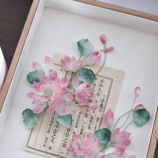 原创 菡萏 荷花琉璃簪花软杆仙气发夹百搭汉服配饰古风发饰