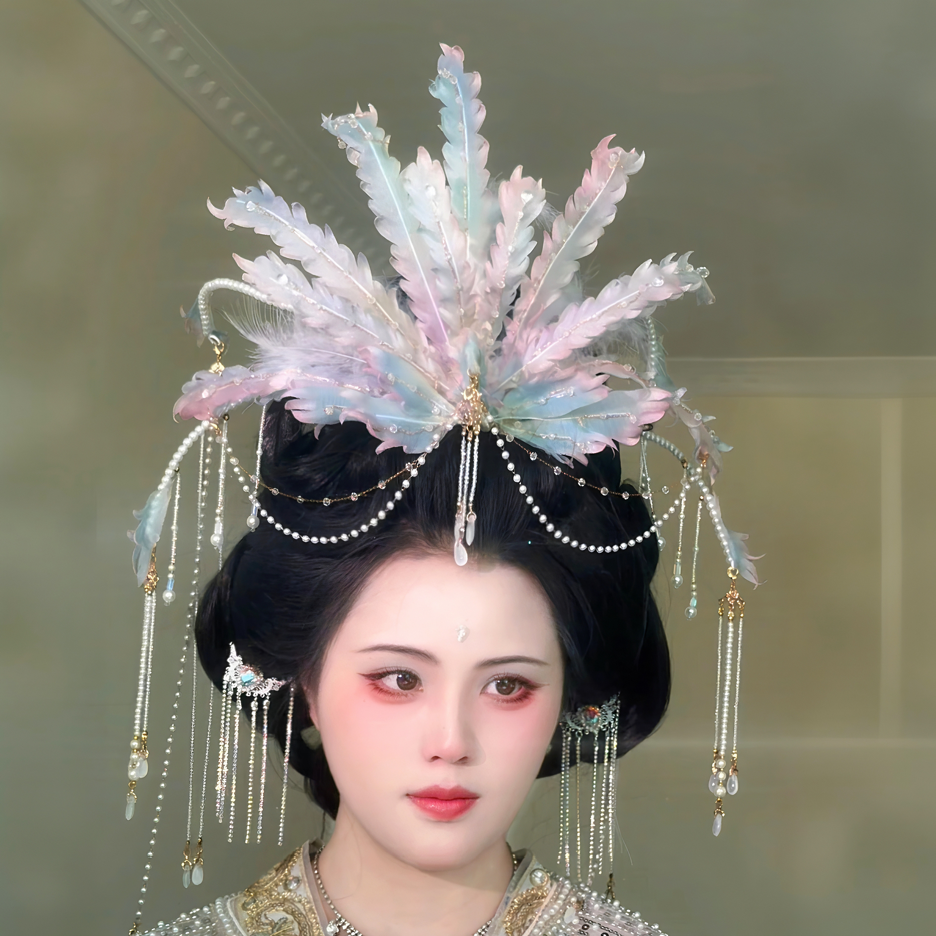 原创 画中仙 真丝烫花正凤发饰重工发冠流苏汉服配饰古风头饰图片