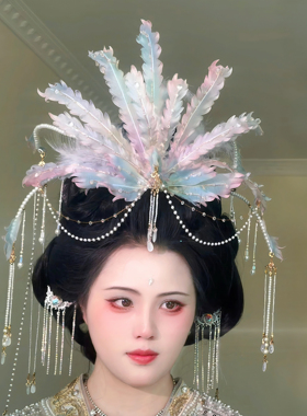 原创 画中仙 真丝烫花正凤发饰重工发冠流苏汉服配饰古风头饰