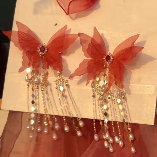 原创 蝶翎 真丝烫花蝴蝶重工流苏发夹汉服古风发饰配饰