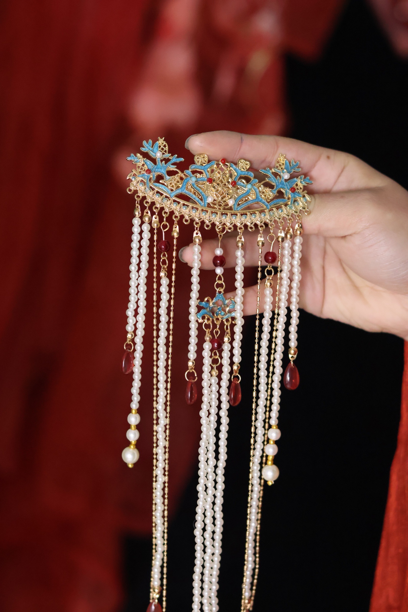 原创 青绾 烧蓝后压长流苏明制唐风汉服配饰古风发饰