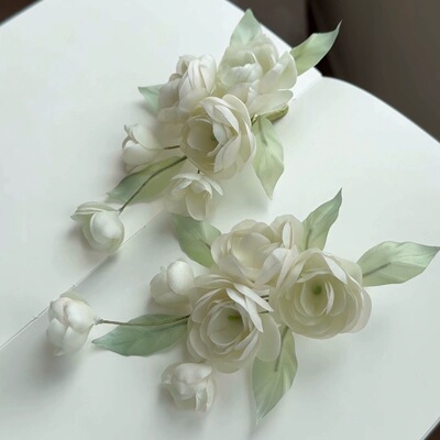 原创 白茶茉莉 真丝烫花茉莉花发饰汉服配饰古风头饰绢纱花朵软杆