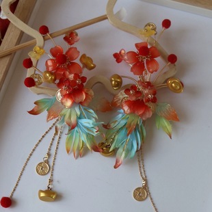 原创 发财鲤鲤 真丝烫花琉璃簪花发夹汉服古风小财神发饰套装