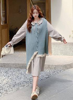 蓝色文艺风则不规针织背心裙装女20C056-70525秋季甜套美减龄衫裙