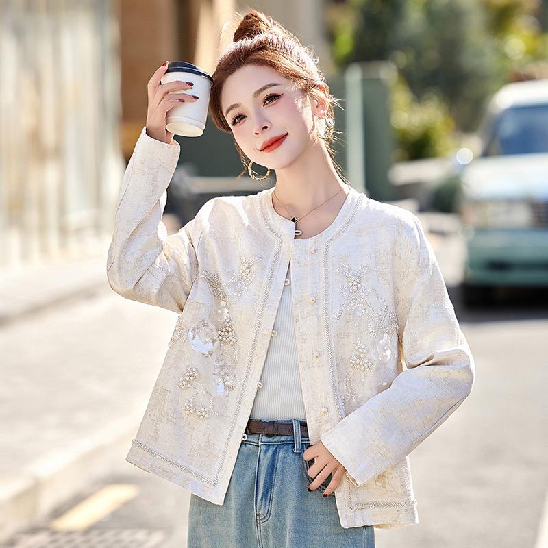 B2502-02品现货20风25春新中新扣式国钉珠亮片复古刺绣重工盘外套