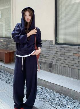 蓝色复古学院风休闲深运动连套装女22c309-58052秋韩系帽卫衣阔腿