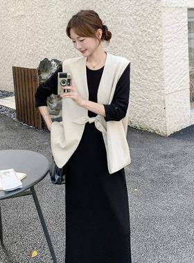 法高级感V领马甲袖式连衣裙套装季女2025秋气质长黑色长裙两C255-