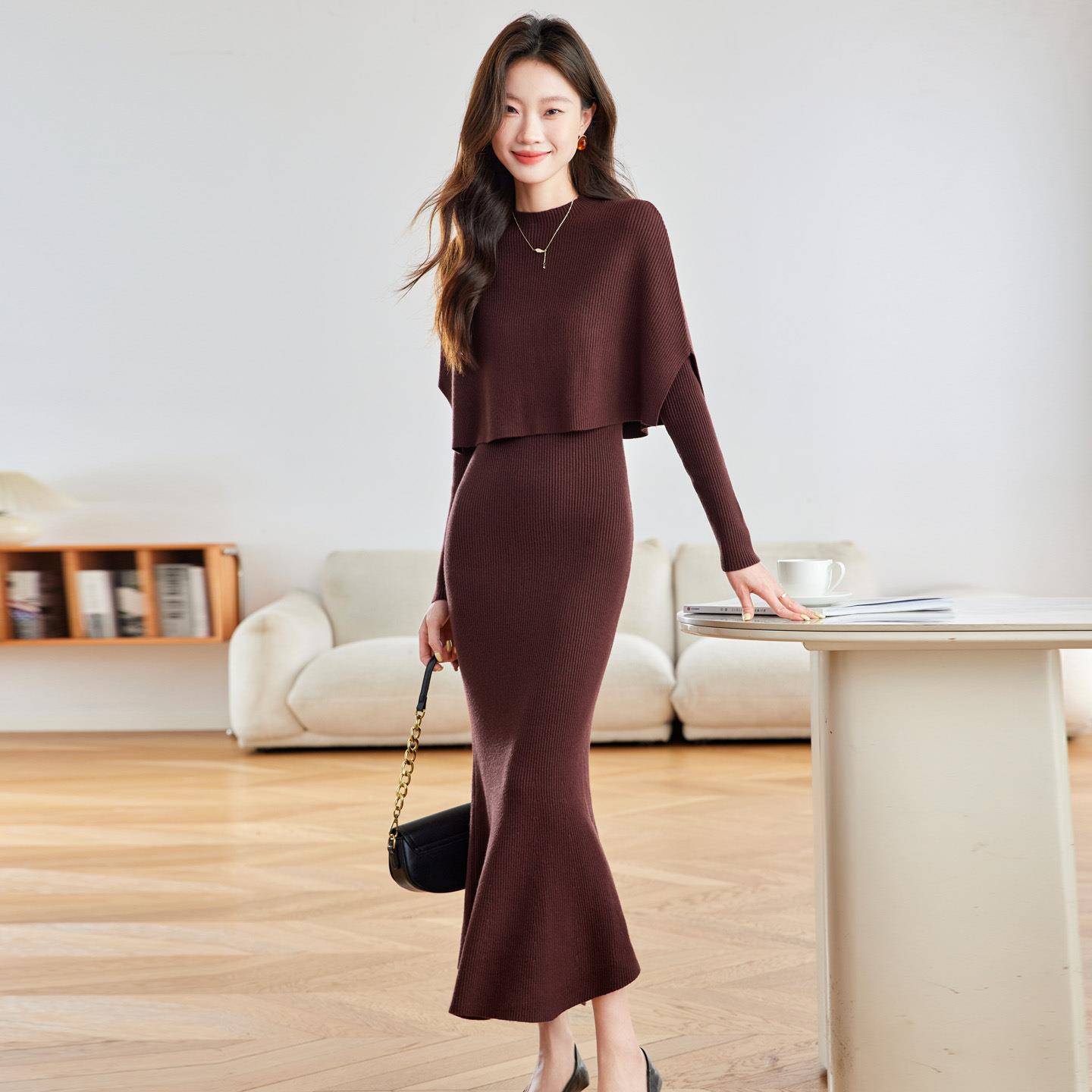 2025秋冬款长款SH20226-针织包臀两裙斗篷披肩件套2时尚连衣裙 SH