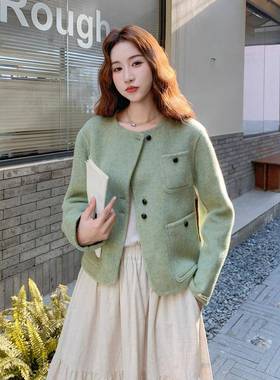 L女式羊毛呢套20外25秋季新款女装圆领香小风绿色呢大衣S9SL9653-