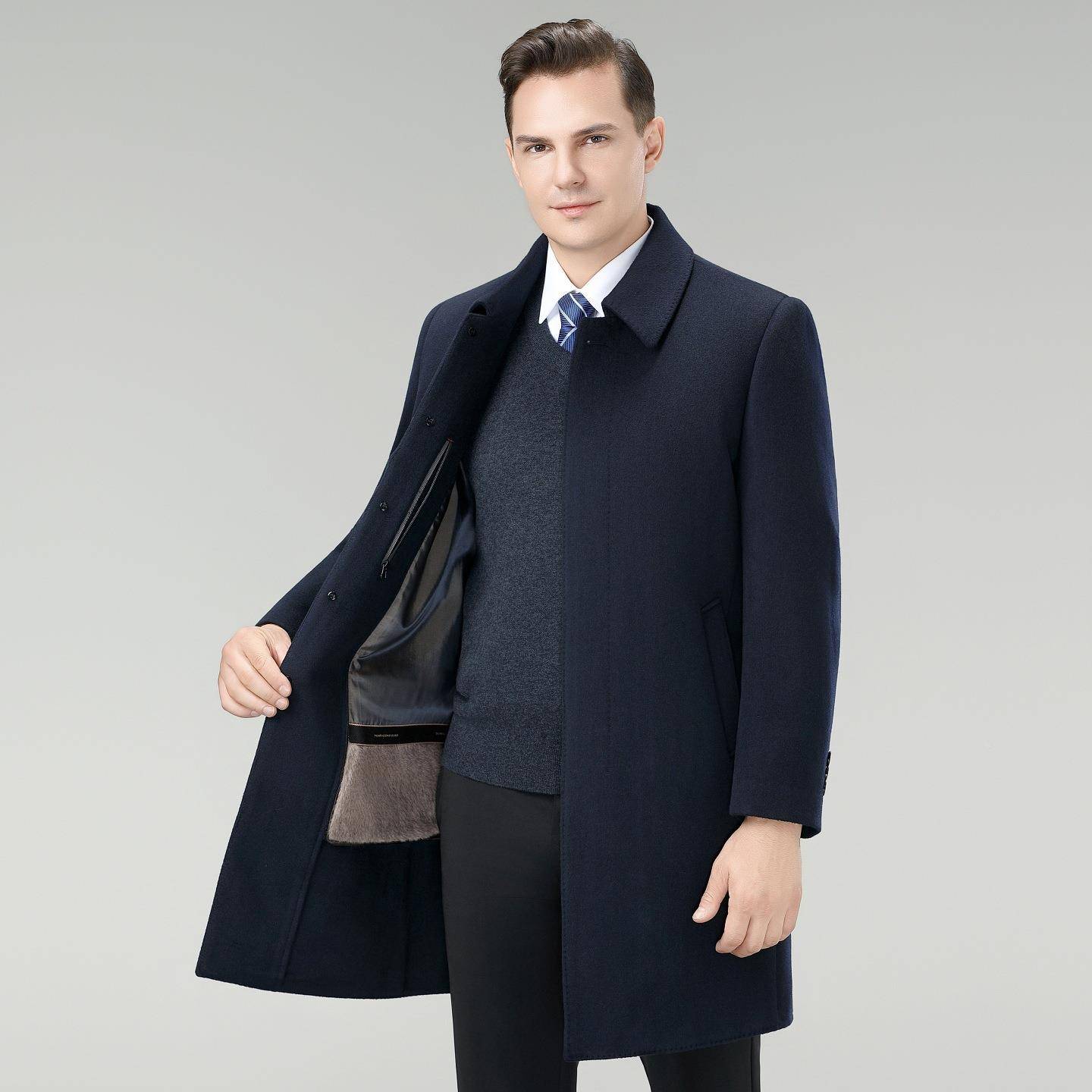 大冬双胆面呢羊毛A8101-C衣男加可拆加绒内中年爸爸厚翻领长款毛