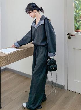 韩弛版chci深b163-915灰色休闲卫衣套装女205秋季慵懒松感阔腿长