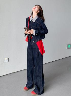 深蓝色休闲牛仔套装c女025秋季新款韩风hic套C196-662一2整阔腿裤