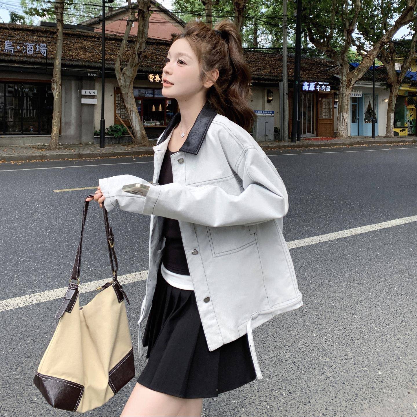 复古撞色翻领牛外套女2025仔秋新韩系chc别C321-Q65致i宽松廓形款