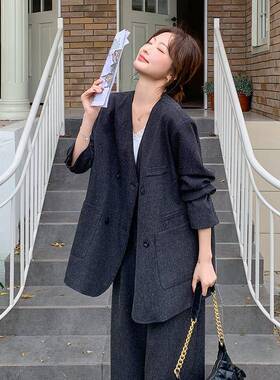 深灰色廓形V领装套装女20腰25秋件新款高级感宽松高阔西腿裤C193-