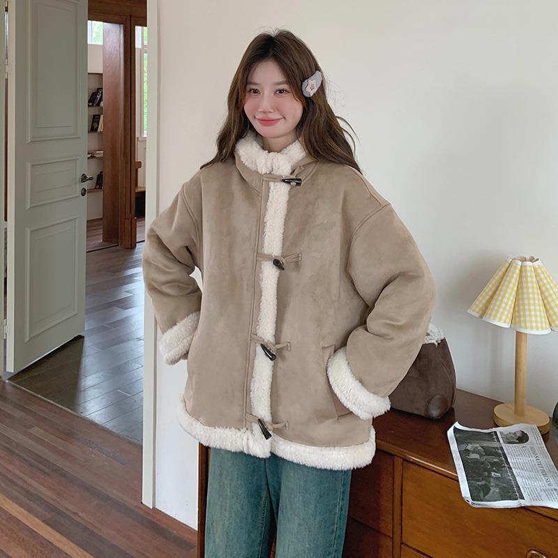 连帽仿皮毛体套女2024新款一显冬XL2559-1外瘦保暖加厚羊羔毛外套