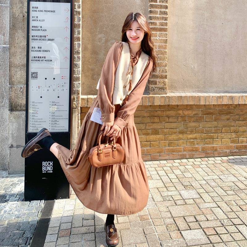 法式复C110-H97古咖色衣裙马甲两件2套205秋女季新款长裙马褂穿搭