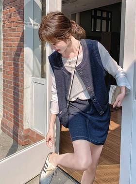 深蓝色底休风牛仔马甲套装裙女秋季2衣025年新D115-C32款打半身裙