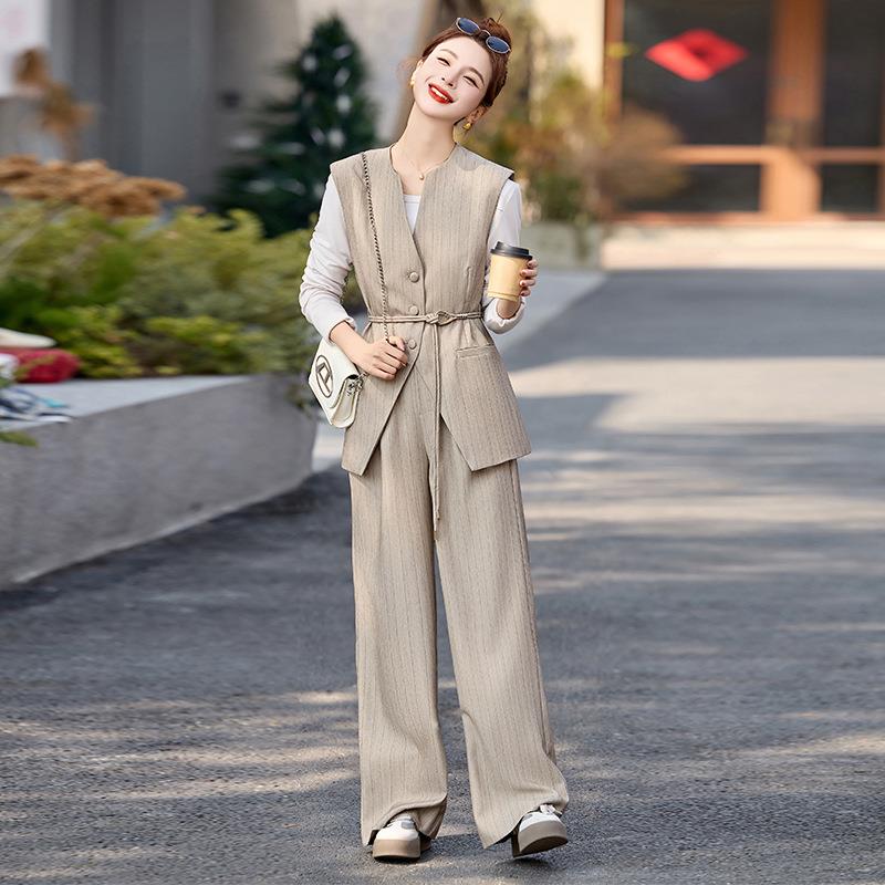 时休闲套装2尚05春季新款条HE5008-0纹收腰马阔腿甲裤长裤两件套H