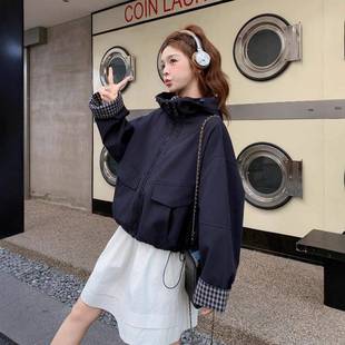 223韩系宽 B157 松藏青色格拼接帽连双子拉链外套女秋季 2025年新款
