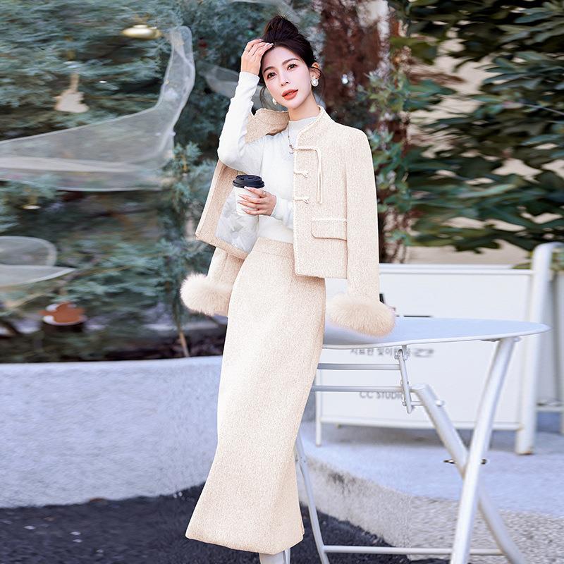 装时套袖口狐狸毛外套冬8季LM8825-1新款羽绒尚毛呢半身裙两件套
