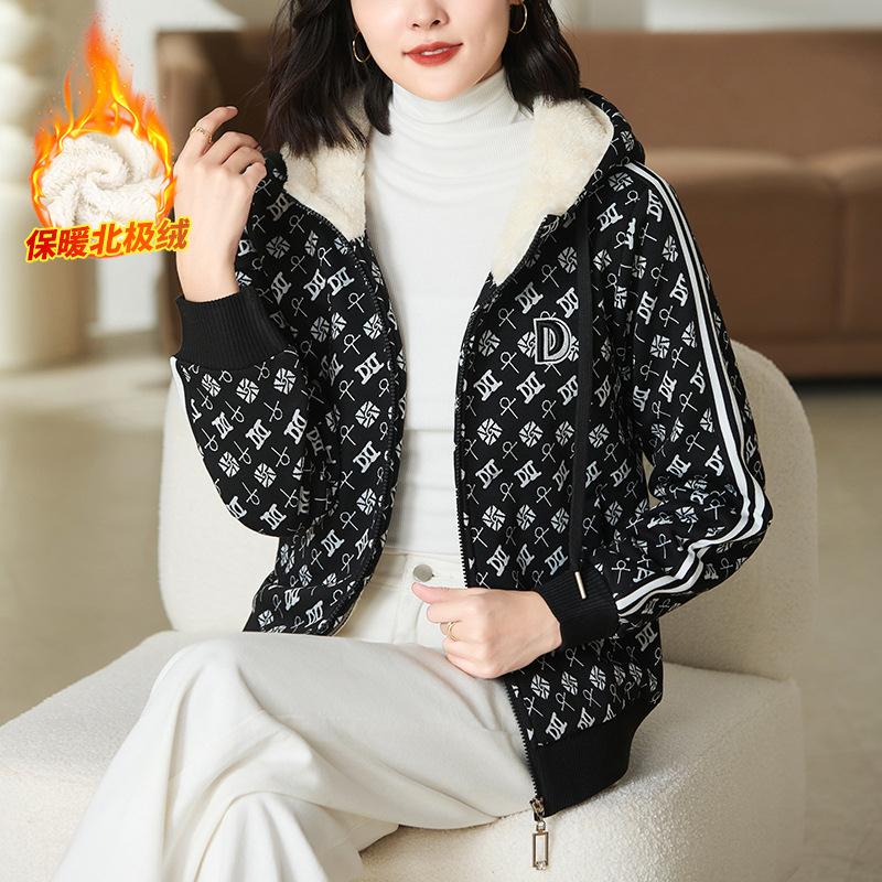 外套女冬装新季款时74216840尚减龄加厚绒卫衣女开衫休闲服千鸟格