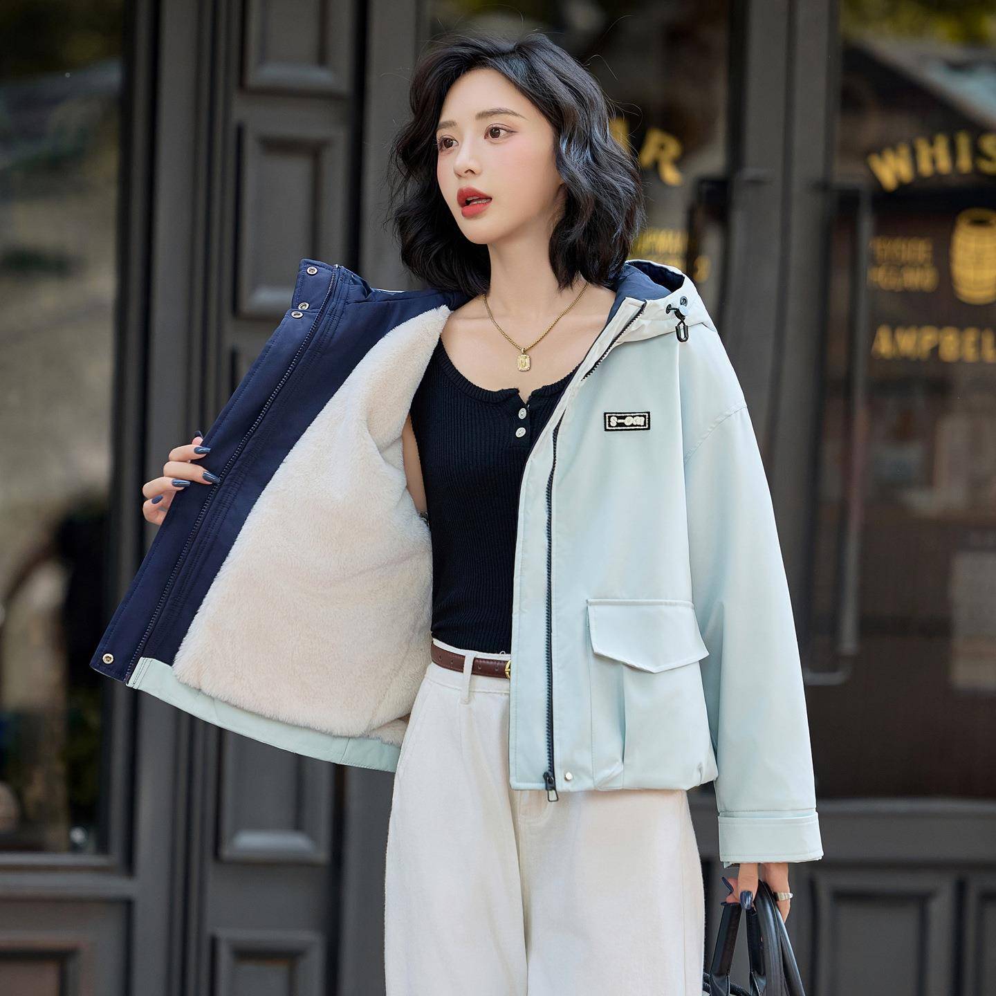 2保0LU9076-025秋冬季新款韩版宽松休闲时尚连帽加绒暖派服7外套