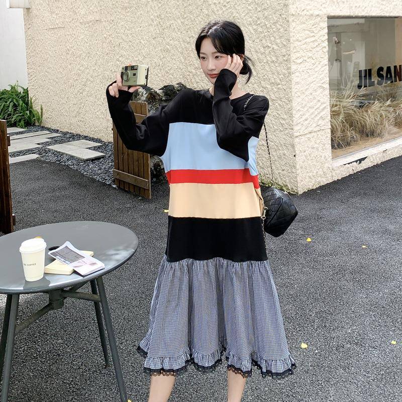 韩C161-892系好条纹拼撞色卫衣连衣裙女2025秋季新款学院接减龄巨