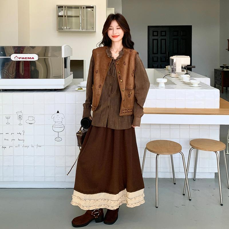 学风院叠穿织马针甲格子花边衬衫C103-C23半身裙搭森系穿时尚三件