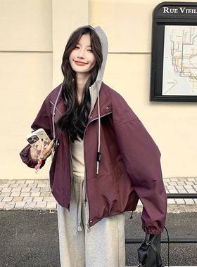 紫色设计感假洋两件休连帽外短套C159-903女2025秋新款韩系小个子