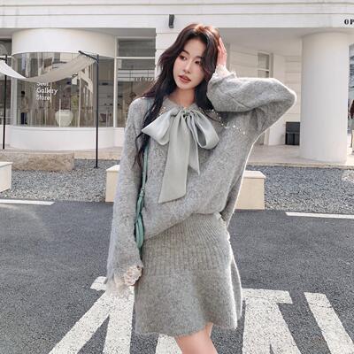蕾灰质色温柔慵懒风丝拼接蝴蝶结毛衣ZZB201Q件套装女早春漂亮气