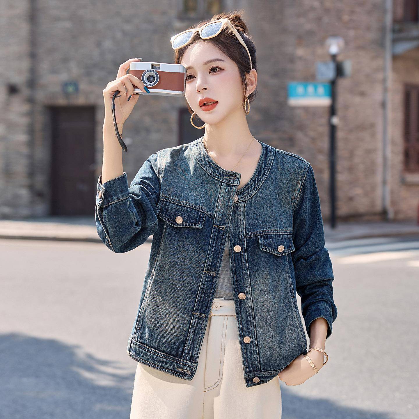 2025秋季新款休Y闲复古蓝色牛外套宽松显瘦短款夹克衣 上B860YB86