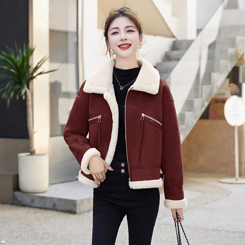 6皮毛个一体羊羔毛外套女204新款小子仿WN6067-1鹿皮绒加厚机车服