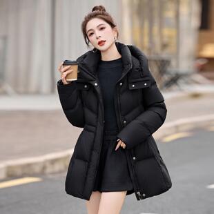 腰ZAI9590S黑色中长款连羽绒服女冬季新款韩版气收保暖帽白洋鸭绒