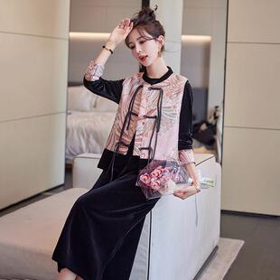 件春秋新款中时尚套装国风新式马甲三个套长袖套裙小子 HG2HG2328