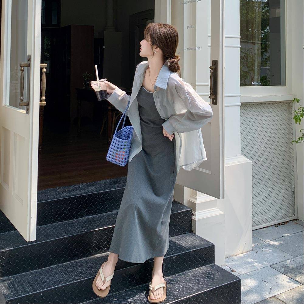 色心裙套装女202灰5秋背C221-F65季新款韩系轻熟风穿搭防晒衬衫裙