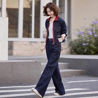 YQ6639时装秋尚套季新款女装拼Q色翻领牛仔短外套宽松阔腿裤两件