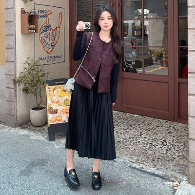 秋季新品女装韩版修身甲百褶HG99227裙两件套袖连衣裙长配马腰带H