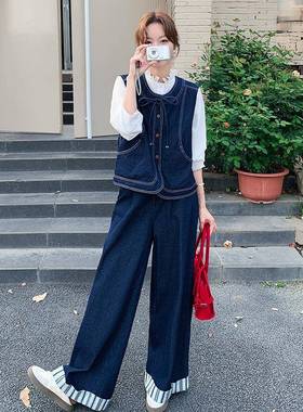 深蓝色明线牛款仔马套甲阔腿裤装女20c213-25625秋新盐龄系减小个