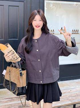 紫色格子拼接短外套女子个202C090-892夹5秋季新款小韩版宽松休闲