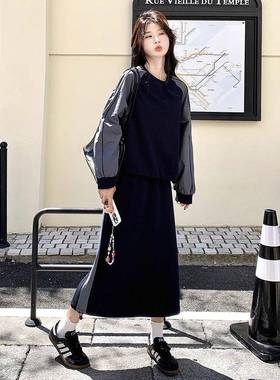 韩系慵懒织黑色连衣裙两C153-880件套2025秋学院风气衫质长吊针带