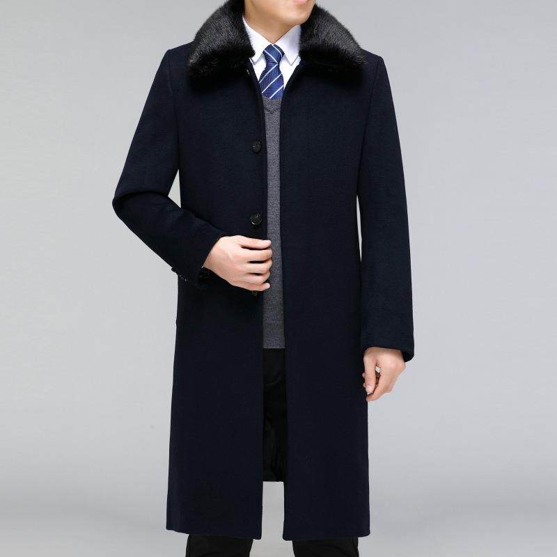 款羊绒大衣可装拆羽绒内胆大毛领风衣男中老年爸长爸羊毛呢子7028