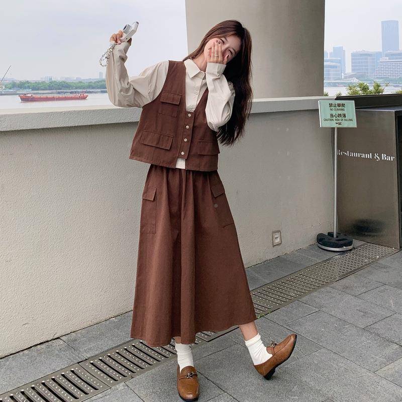 美拉德复古色装马甲咖套B168-H30裙女感2025秋季新款高级衬衫半身