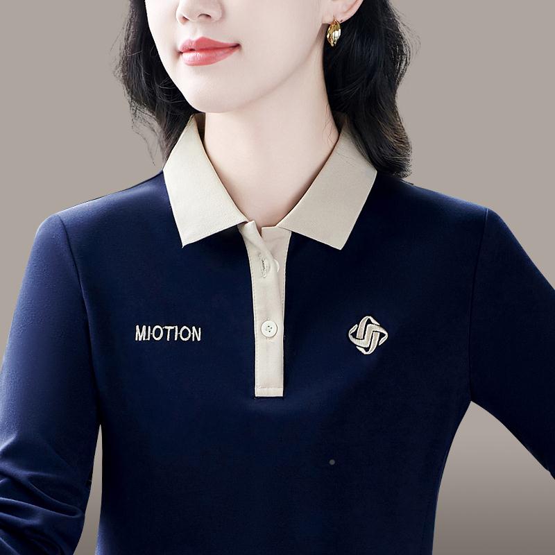 龄士翻领长袖恤女春新打底衫款女82042158衫减宽松洋气减龄上衣