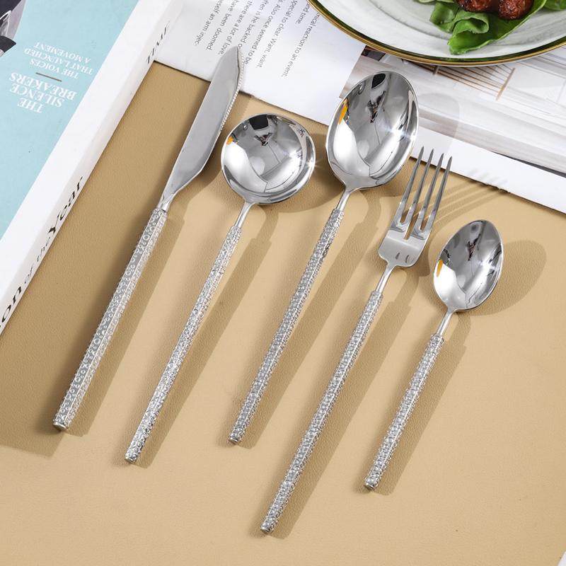 不锈钢304北欧式牛排餐具六角气泡纹西餐刀叉勺三件套装甜品勺子