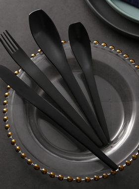 黑色leon美式304砂光刀叉勺不锈钢西餐甜品三件套家用吃牛排套装