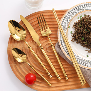 不锈钢304西餐刀叉勺筷欧冠餐具四件套金色牛扒刀叉套装甜品勺子
